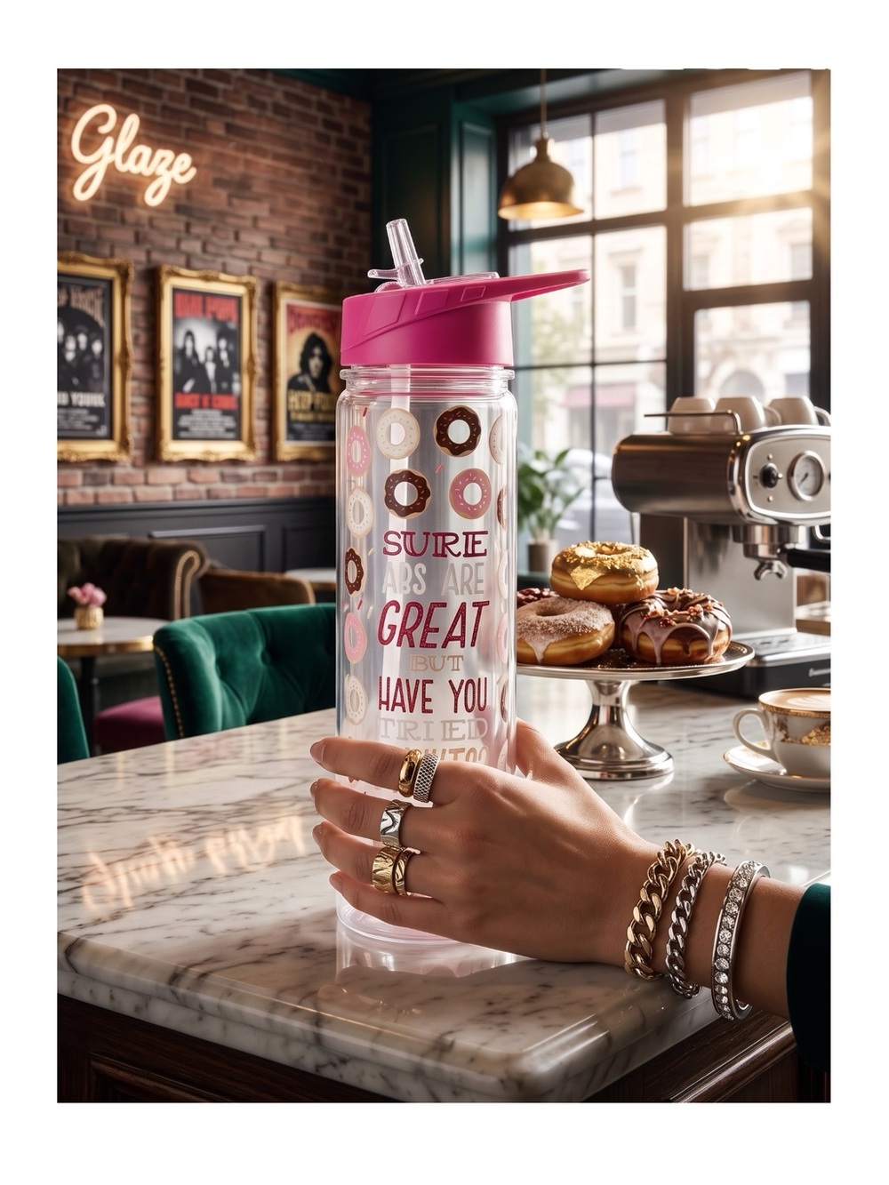 new Boston Warehouse 𖦹 BPA Free Water Bottle 𖦹 Clear Donut Print 𖦹 20 oz 𖦹